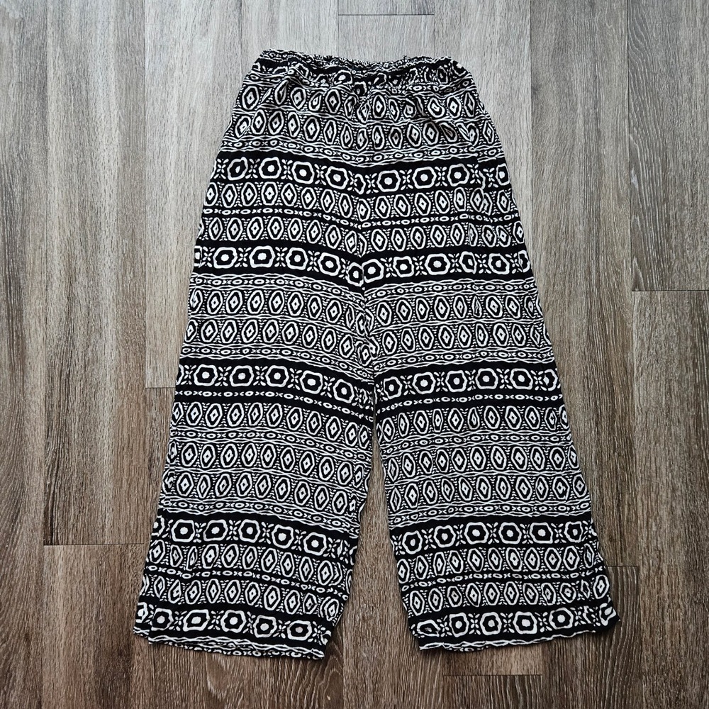 Angie Womens Black White Geometric Tribal Print Wide Leg Palazzo Pants Size M